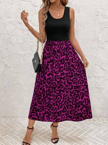 SHEIN Clasi Vestido Casual Longo Feminino de Gola Redonda e Sem Mangas com Estampa de Leopardo - Pink - Visão 5