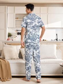 Manfinity Chinese Style Figure & Landscape Print Men Short Sleeve Sleeve Pajama Set With Collar - Multicolor - View 2