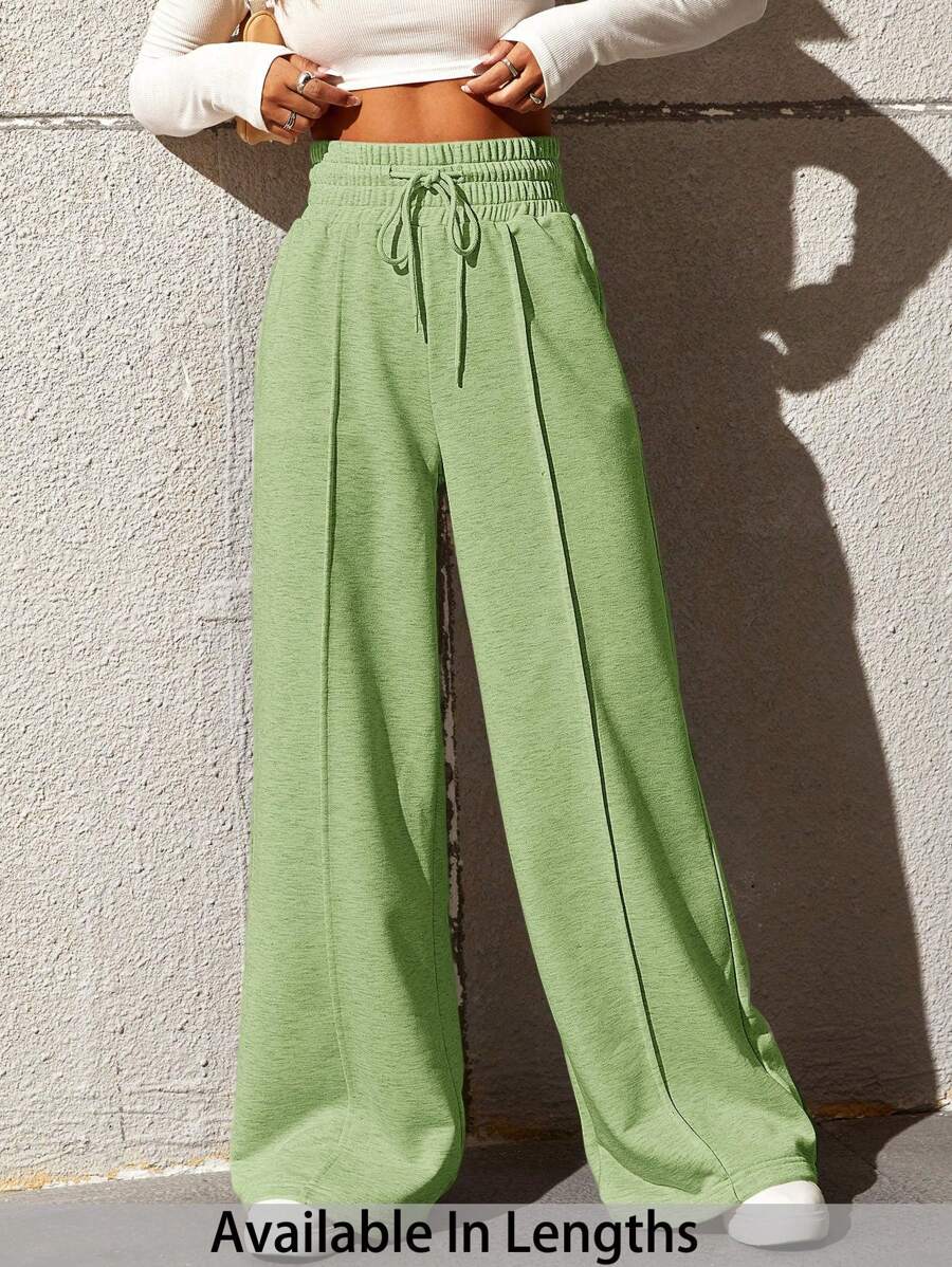 SHEIN Tall CURVE Women's Plus Size Casual Mint Green Extra Long Knitted Fabric Pants With Pockets And Drawstring Waist - Mint Green - View 1