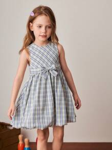 PrepCrw Young Girls Blue Plaid Ruffle Hem Sleeveless Dress, Spring/Summer, School Style - Multicolor - View 1
