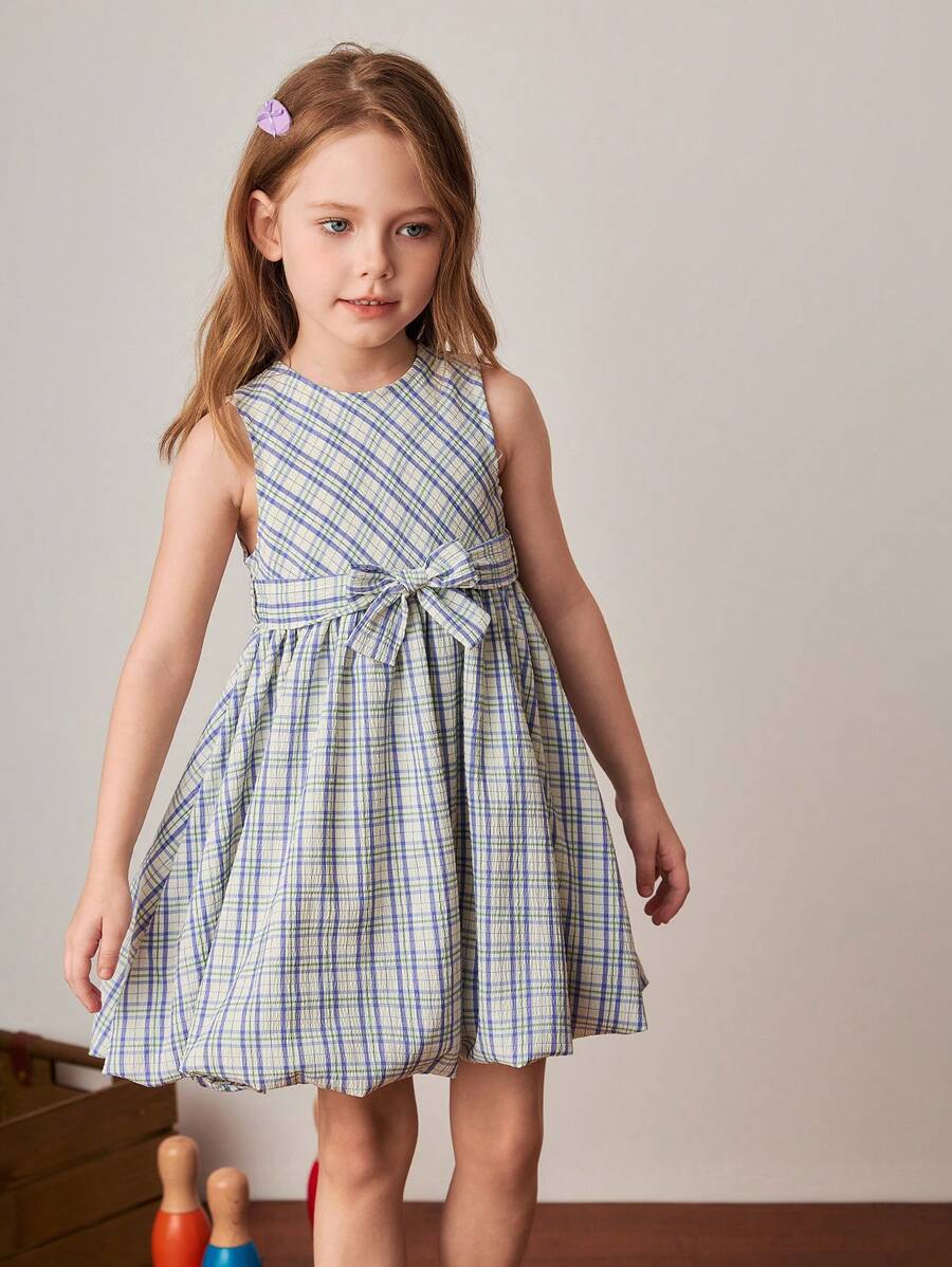 PrepCrw Young Girls Blue Plaid Ruffle Hem Sleeveless Dress, Spring/Summer, School Style - Multicolor - View 1