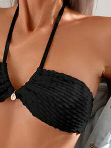 SHEIN Swim Women's Summer Holiday Beach Textured Halter Bikini Set - Black - View 5