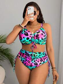 Slaydiva Plus Size Colorful Leopard Print Lace-Up Tankini Bikini Set For Summer Beach Vacation