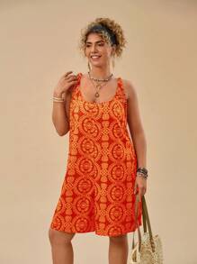 Travachic Plus Size Women Floral Retro Print Red Strap Loose Casual Jumpsuit - Orange - View 3