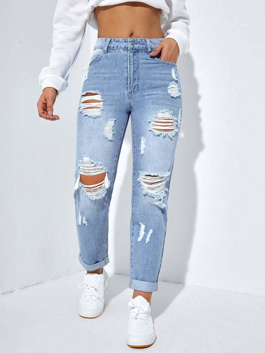 SHEIN EZwear Quần Jeans Rách Eo Cao, Thời Trang Tối Giản Phù Hợp Cho Mùa Hè - Rửa nhẹ - Xem 1