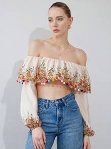 SHEIN Privé Sweater Kasual Resort Wanita Lengan Panjang Tanpa Bahu dengan Hiasan Bola Bulu - MultiWarna - View 2