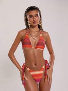 SHEIN BAE Women's New Printed Gradient Pattern Vintage Romantic Elegant Sexy Party Bikini Set With Halter Neck Tie Swimsuit - Burnt Orange - View 1