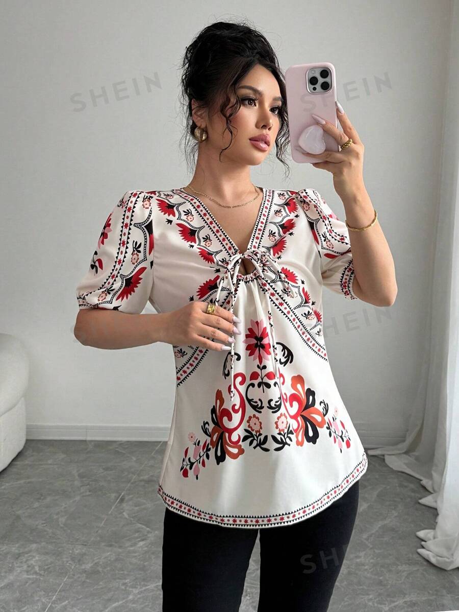 Elenzga Blusa con estampado floral, manga abullonada y nudo adelante para mujer, ideal para vacaciones