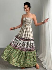 Women Bohemian Style Dress With Bandeau Top, Casual Holiday Wear - Apricot - View 6