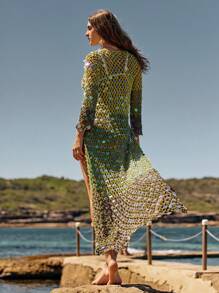 Anewsta 女士透明亮片细节休闲度假长袖和服罩衫