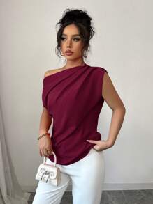 Elenzga Blusa de mujer con cuello asimétrico y plisada, de unicolor