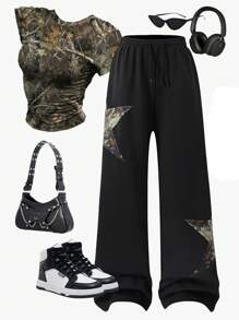 青少年街头服饰 酷炫迷彩与五角星印花纯色针织松紧腰宽松运动裤 - 黑色 - 查看 1