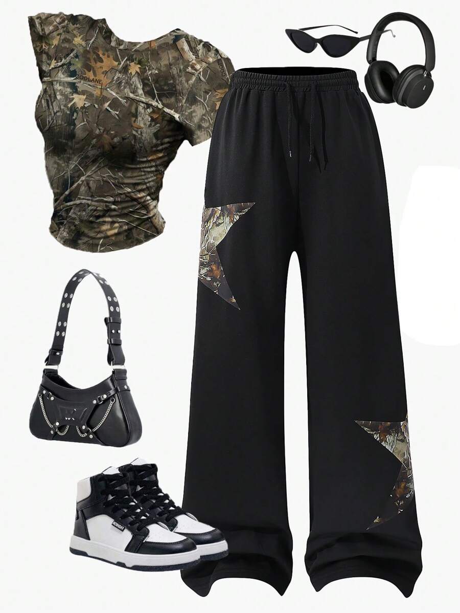 青少年街头服饰 酷炫迷彩与五角星印花纯色针织松紧腰宽松运动裤 - 黑色 - 查看 1