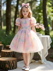 Souflis Souflis Young Girl Floral Print Puff Sleeve Mesh Dress - Pink - View 1