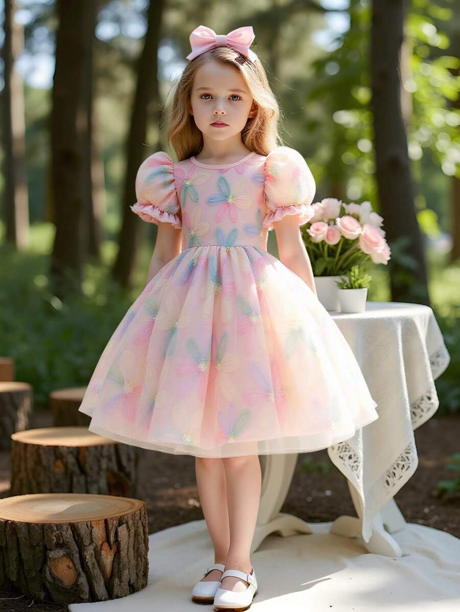 Souflis Souflis Young Girl Floral Print Puff Sleeve Mesh Dress - Pink - View 1
