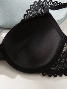 1 件女士黑色蕾丝拼接钢圈舒适聚拢内衣文胸，小胸围提升