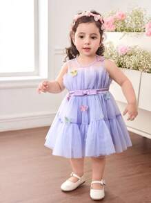 Cute Elegant Purple Butterfly Mesh Overaly Summer Dress For Baby Girl - Purple - View 5