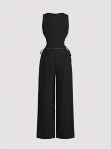 SHEIN MOD 女士黑色西装背心配领带连体裤，休闲商务连体裤（配腰带），连体裤 - 黑色 - 查看 2