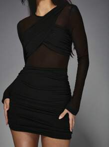 MISSGUIDED Ruched Bodycon Mini Dress Long Sleeve Mesh Panel Evening Party Club Night Out Fitted Little Black Dress Winter Fall Spring Zip Back - Black - View 3