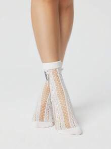 ROMWE Kawaii 1 Paio di calze lunghe versatili da donna con decorazioni in cristallo a cuore bianco a quadri e a pois nere a onde, traspiranti, adatte per tutte le stagioni