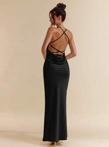 SHEIN BAE 长款深 V 领缎面露背系带连衣裙，杏色和白色，优雅连衣裙，适合度假、婚礼伴娘、生日派对、毕业典礼、春夏季 - 黑色 - 查看 4