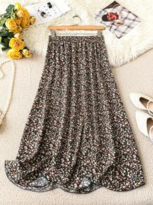 SHEIN LUNE Falda larga de mujer con estampado floral diminuto, de cintura elástica, elegante y de estilo vacacional - Negro - Ver 3