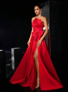 Glamrae 优雅浪漫缎面不对称垂坠露肩超大蝴蝶结高开衩超大下摆连衣裙，适合晚会、单身派对、约会、正式活动、派对礼服、晚礼服、婚礼宾客 - 紅色 - 查看 5