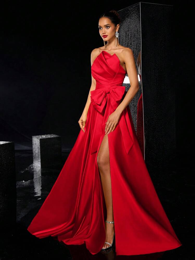 Glamrae Vestido com Laço Assimétrico Sobredimensionado Elegante e Romântico de Cetim, Decote Tomara Que Caia, Fenda Alta, Barra Extra Larga, Adequado para Galas, Festas de Solteiros, Encontros, Eventos Formais, Vestido de Festa, Vestido Longo, Para a Noite, Convidado de Casamento - Vermelho - Visão 5