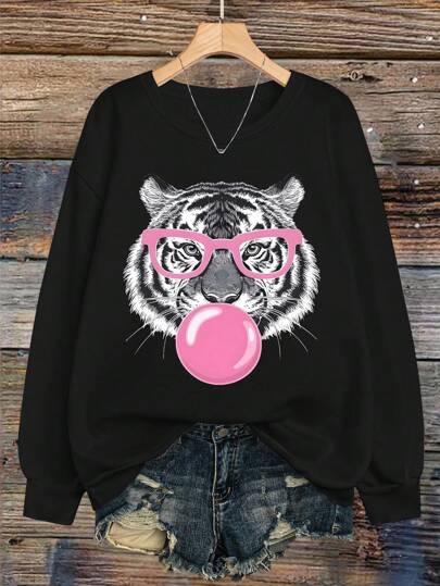 Calvaya Women's Plus Cute Tiger Pattern Casual Simple Outdoor Round Neck Pullover, Suitable For Autumn And Winter,Graduation,Teacher,Back To School Fall