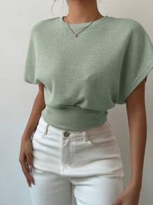 Aloruh Camiseta de punto ajustada de manga corta y lisos, minimalista y estilosa para mujeres - verde menta - Ver 8