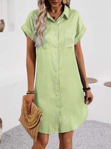 SHEIN LUNE Abito camicia casual da donna con tasca, a maniche corte, a tinta unita, con una fila di bottoni