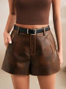 Anewsta Elaire Shorts de mujer con presillas de cinturón de piel de PU lavada con efecto ombré, para vacaciones de verano, Año Nuevo, primavera