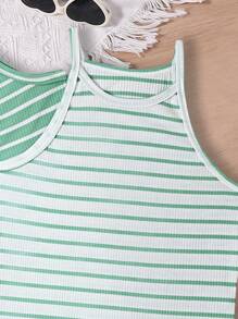 4pcs/Set Tween Girls Casual Striped Tank Dress, School, Campus, College - Green - View 7