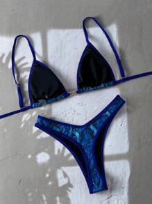 Swim Vcay 2 件春假夏季度假随机动物印花上衣和高开叉性感比基尼泳装套装 - 藍色 - 查看 2