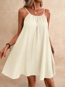 Poéselle 夏季女式吊带波西米亚风太阳裙，必备款，夏季服装，婚礼季节必备款，Cottagecore 抽绳连衣裙太阳裙女式连衣裙 - 米色 - 查看 3