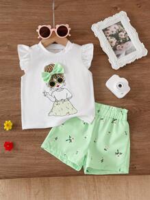 SHEIN BABAGIRL Cute Playful Orange Outfit: Refined Camisole With Cap Sleeves, Whimsical Childlike Pattern, Matching Bow, Perfect For Summer Outings - Green - View 1