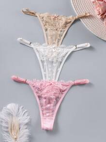 SHEIN 3 Packs Women Low Rise Lace G-String Panties With Random Heart Print Design - Multicolor - View 3