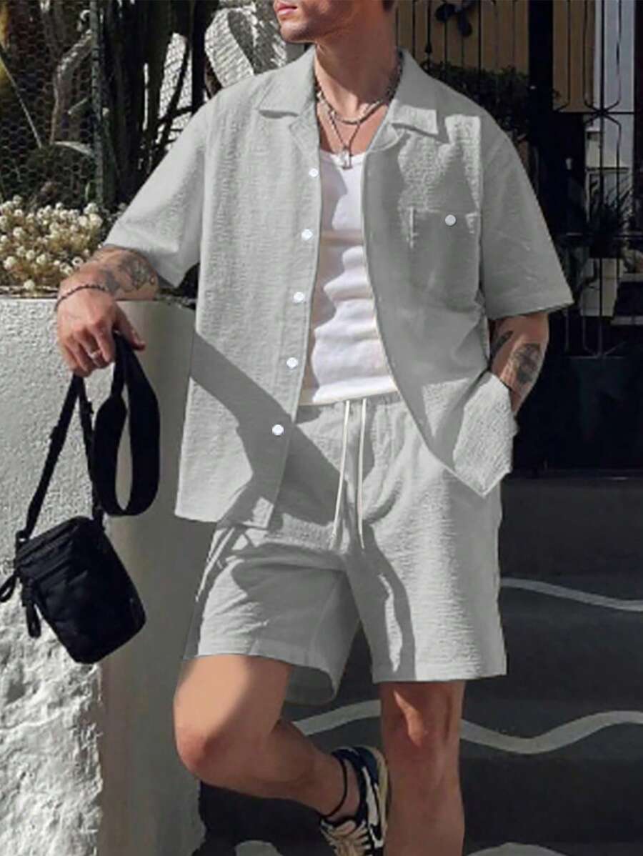 Manfinity Homme 2pcs/Set Men's Solid Color Short Sleeve Shirt And Shorts, Simple And Fashion Suitable For Summer Men Two Pieces Casual Men Two Pieces Shorts Sets Men Clothes Set Summer