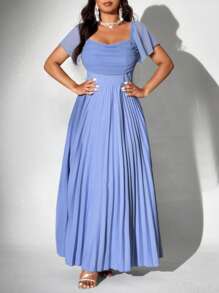 Viva Relle Đầm mini tay bồng bằng vải voan xếp nếp lãng mạn thanh lịch cỡ lớn dành cho nữ, thích hợp cho tiệc tùng và đám cưới - Màu xanh lam - Xem 6