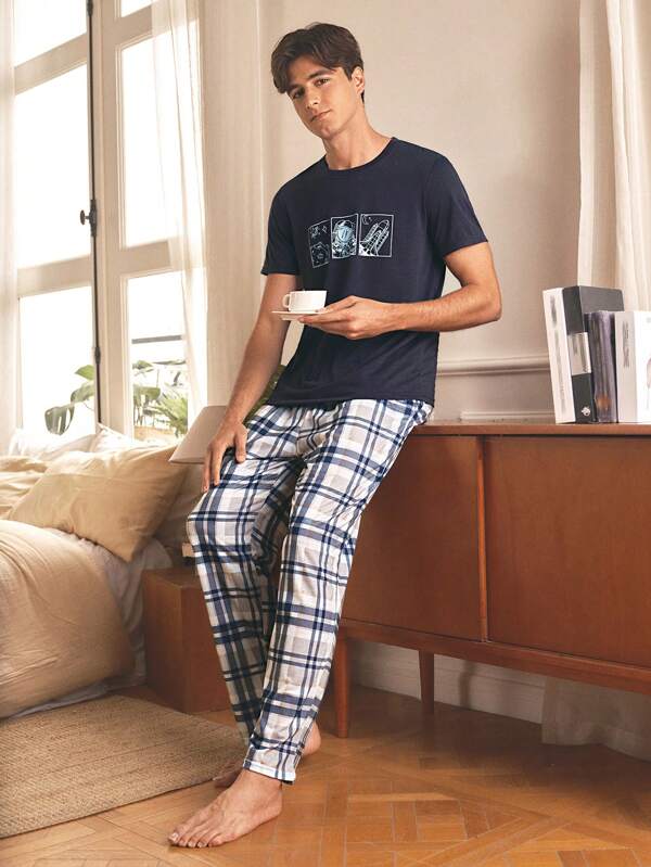 Shein Underwear&Sleepwear Basics Men's Satellite Print Round Neck Short Sleeve T-Shirt And Plaid Pants Loungewear Set