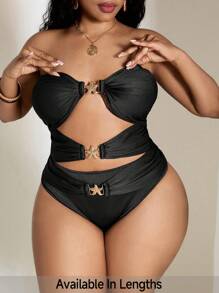 SHEIN PETITE CURVE Plus Size Black Strapless Bodysuit: Sleeveless Knitted Fabric Bodysuit With Starfish Ring Detail For A Chic Look - Black - View 1