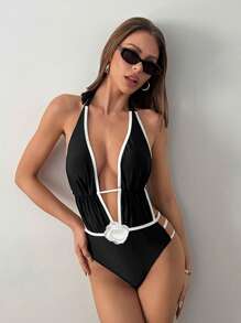 SHEIN ICON Women's Halter Neck Colorblock 3D Floral Decorative Sexy One-Piece Swimsuit - Black and White - View 5