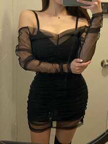 DAZY Mesh Patchwork Sleeveless Short Bodycon Dress,Mini Dress - Black - View 5