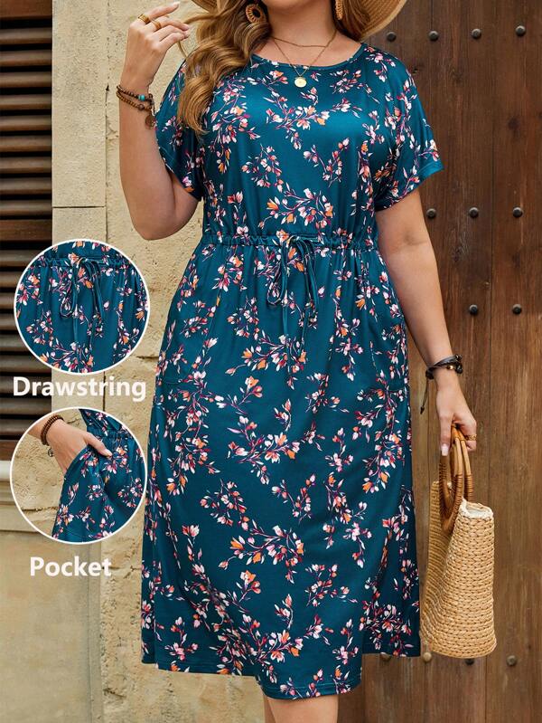 EMERY ROSE Rochie de vacanță cu mâneci raglan, casual, cu imprimeu floral mic, cu șnur, în talie, mărime plus, potrivită pentru primăvară și vară, îmbrăcăminte pentru femei, rochie de plajă, rochie de vară, ținute de sărbătoare