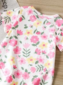 Newborn Baby Girl Nightgown, Round Neck Short Sleeve Floral Print Knitted Dress For Spring And Summer - Multicolor - View 4