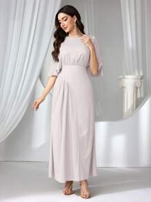 Coutiva Women Solid Color Round Neck Batwing Sleeve Elegant Cocktail Party Dress, Wedding Guest Dress - Baby Pink - View 5