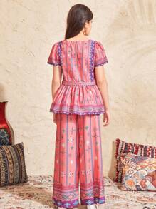 Zweiteiler für Tween Mädchen mit gewebtem Druckmuster, Bindegürtel und gerüschtem Saum Hemd & weite gemusterte Hose, ländlicher bohemian Stil, Lässig für Lässig, Reisen & Urlaub