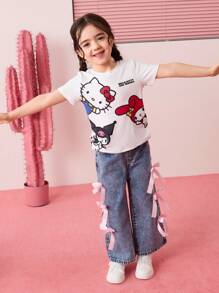 HELLO KITTY AND FRIENDS | SHEIN 年轻女孩四季休闲可爱卡通图案白色 T 恤