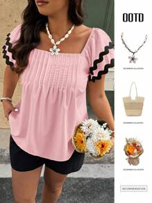 SHEIN Clasi Plus Size Striped Ruffled Bell Sleeve Blouse - Pink - View 1