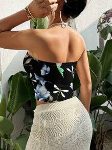 Constanza Baglietto Black Bird Printed Women's Cropped Camisole, Suitable For Summer Music Festival, Beach, And Vacation